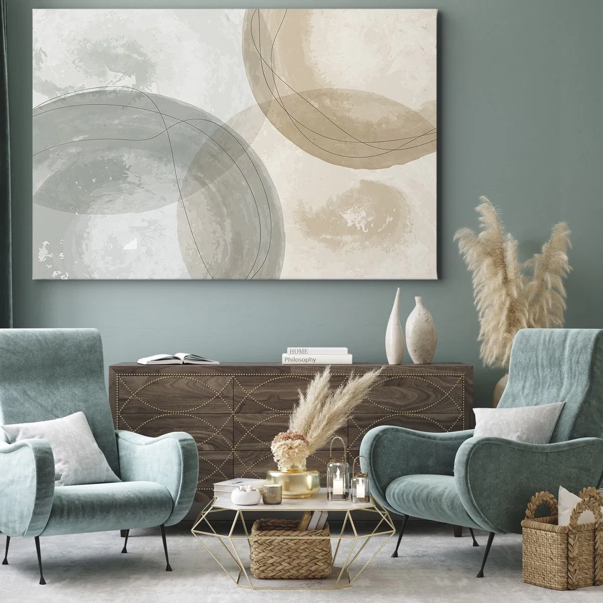 Cuadro sobre lienzo - Impresión de Imagen - Composición abstracta en colores pastel con líneas. - 100x70cm - Mundos que se entrecruzan - Decoración de pared moderna para salón y dormitorio ARTTOR