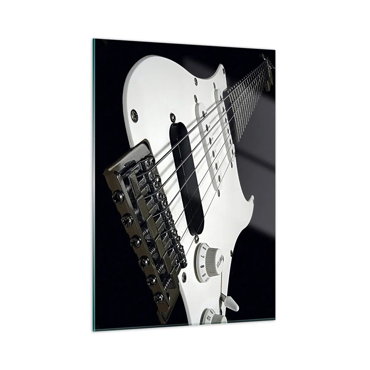 Cuadro sobre vidrio - Impresiones sobre Vidrio - Primer plano de una guitarra eléctrica blanca sobre un fondo oscuro - 50x70cm - Oculto en blanco está el sonido - Decoración de pared moderna para salón y dormitorio ARTTOR