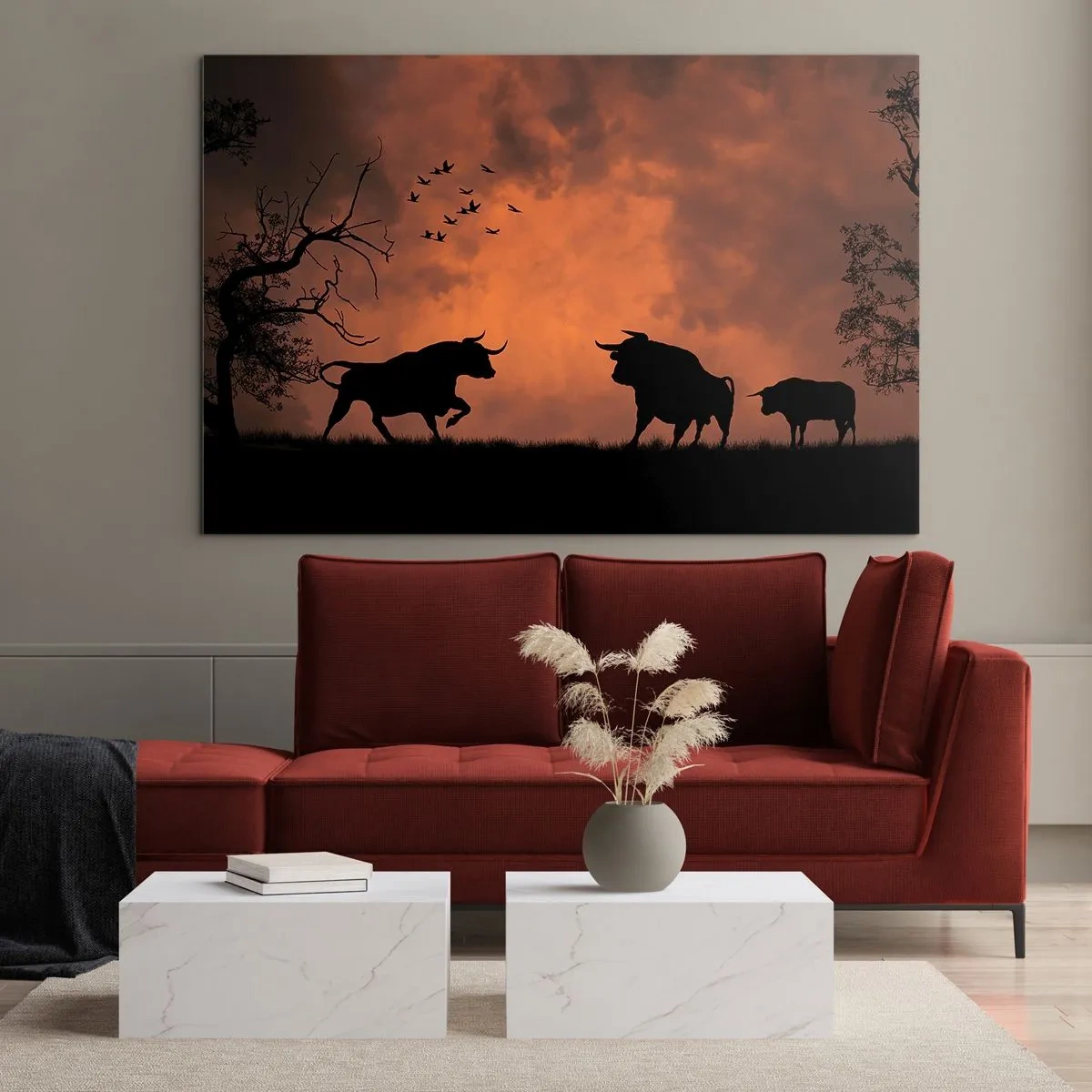 Cuadro sobre vidrio - Impresiones sobre Vidrio - Siluetas de toros contra un cielo naranja al atardecer - 120x80cm - Espectáculo dramático de la naturaleza - Decoración de pared moderna para salón y dormitorio ARTTOR
