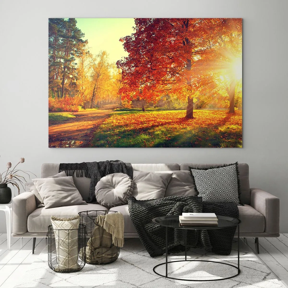 Cuadro sobre vidrio - Impresiones sobre Vidrio - Callejón otoñal con rayos de sol - 70x50cm - El rojo es hermoso - Decoración de pared moderna para salón y dormitorio ARTTOR