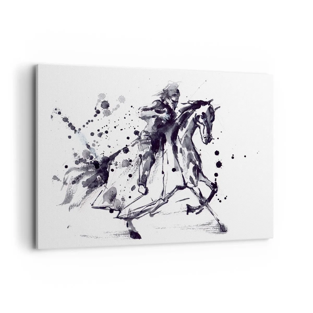 Cuadro sobre lienzo - Impresión de Imagen - Acuarela en blanco y negro de un jinete sobre un caballo al galope. - 100x70cm - Caballero negro - Decoración de pared moderna para salón y dormitorio ARTTOR