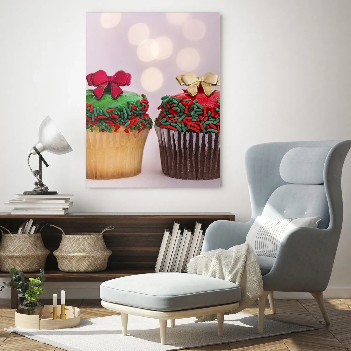 Cuadro sobre vidrio - Impresiones sobre Vidrio - Cupcakes navideños con adornos de lazo - 50x70cm - Dulzura hasta el lazo - Decoración de pared moderna para salón y dormitorio ARTTOR