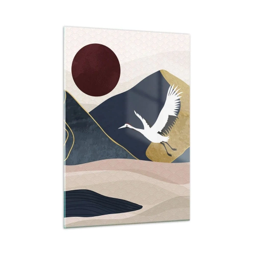 Cuadro sobre vidrio - Impresiones sobre Vidrio - Dos grullas volando sobre un paisaje ondulado con un sol rojo. - 50x70cm - Y el día ha vuelto a pasar volando - Decoración de pared moderna para salón y dormitorio ARTTOR