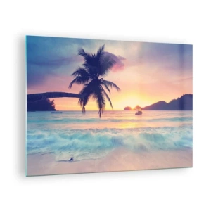 Cuadro sobre vidrio - Impresiones sobre Vidrio - Playa de palmeras al atardecer con un barco en el horizonte - 70x50cm - Atardecer en la bahía - Decoración de pared moderna para salón y dormitorio ARTTOR