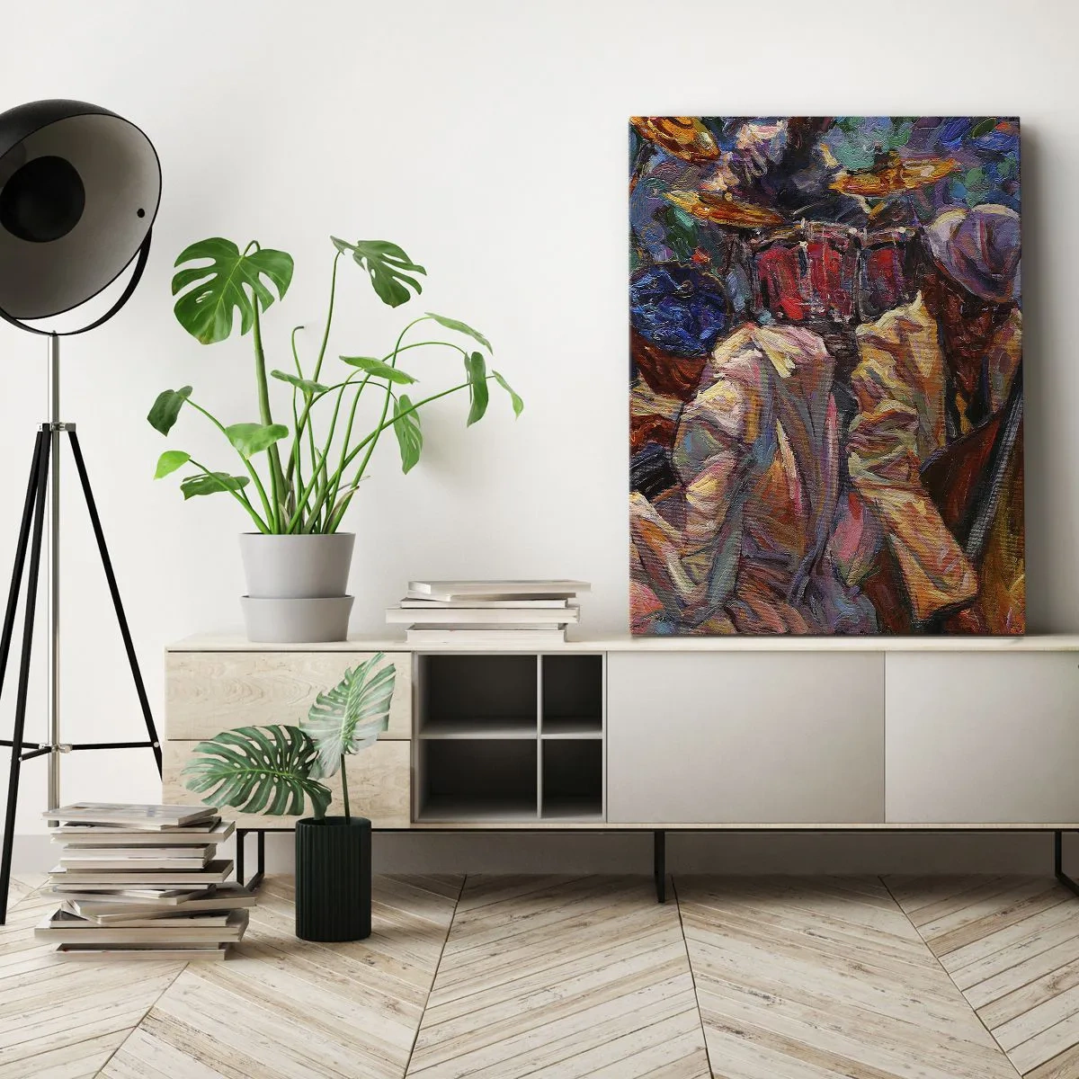 Cuadro sobre lienzo - Impresión de Imagen - Escena de jazz enérgica con músicos e instrumentos. - 70x100cm - En un ritmo mágico - Decoración de pared moderna para salón y dormitorio ARTTOR