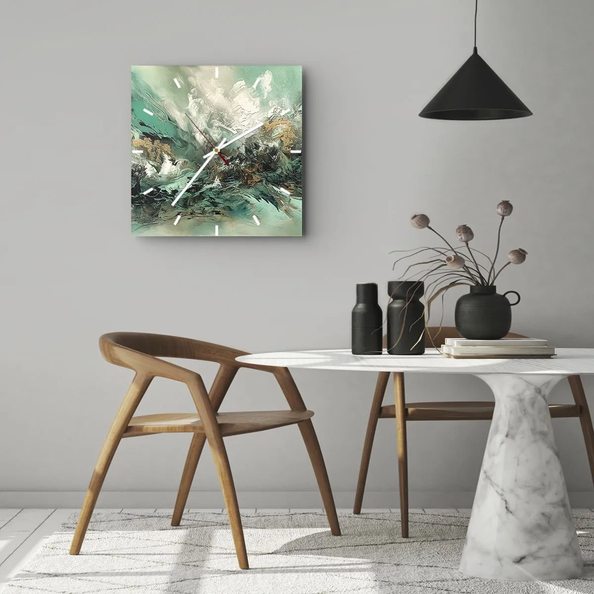 Reloj de pared - Reloj de vidrio - Paisaje abstracto en tonos verdes y dorados. - 30x30cm - Hervor negro esmeralda - Decoración de pared moderna para salón y dormitorio ARTTOR