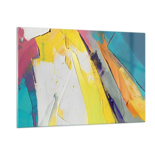Cuadro sobre vidrio - Impresiones sobre Vidrio - Pinceladas abstractas en amarillo, azul y blanco. - 120x80cm - Anatomía de la luz - Decoración de pared moderna para salón y dormitorio ARTTOR