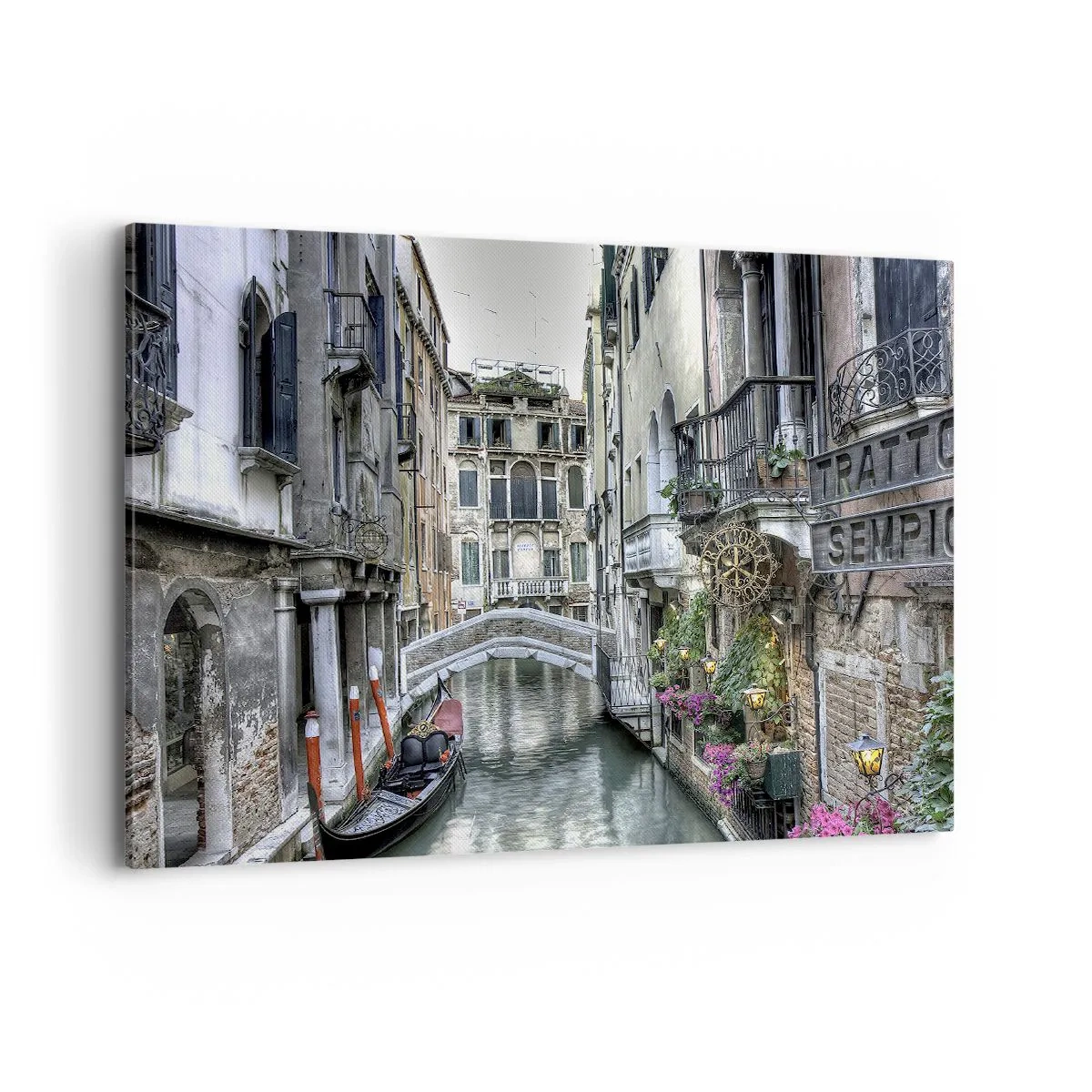 Cuadro sobre lienzo - Impresión de Imagen - Canal veneciano con góndola y puente de piedra - 100x70cm - Durante siglos, un sueño - Decoración de pared moderna para salón y dormitorio ARTTOR