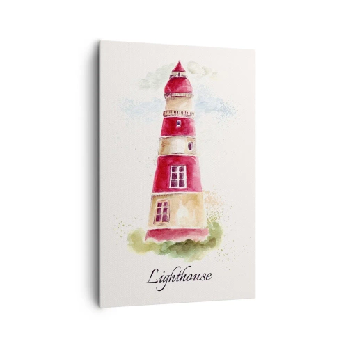 Cuadro sobre lienzo - Impresión de Imagen - Una pintura de acuarela de un faro sobre un fondo claro con una inscripción. - 80x120cm - Siempre observando - Decoración de pared moderna para salón y dormitorio ARTTOR