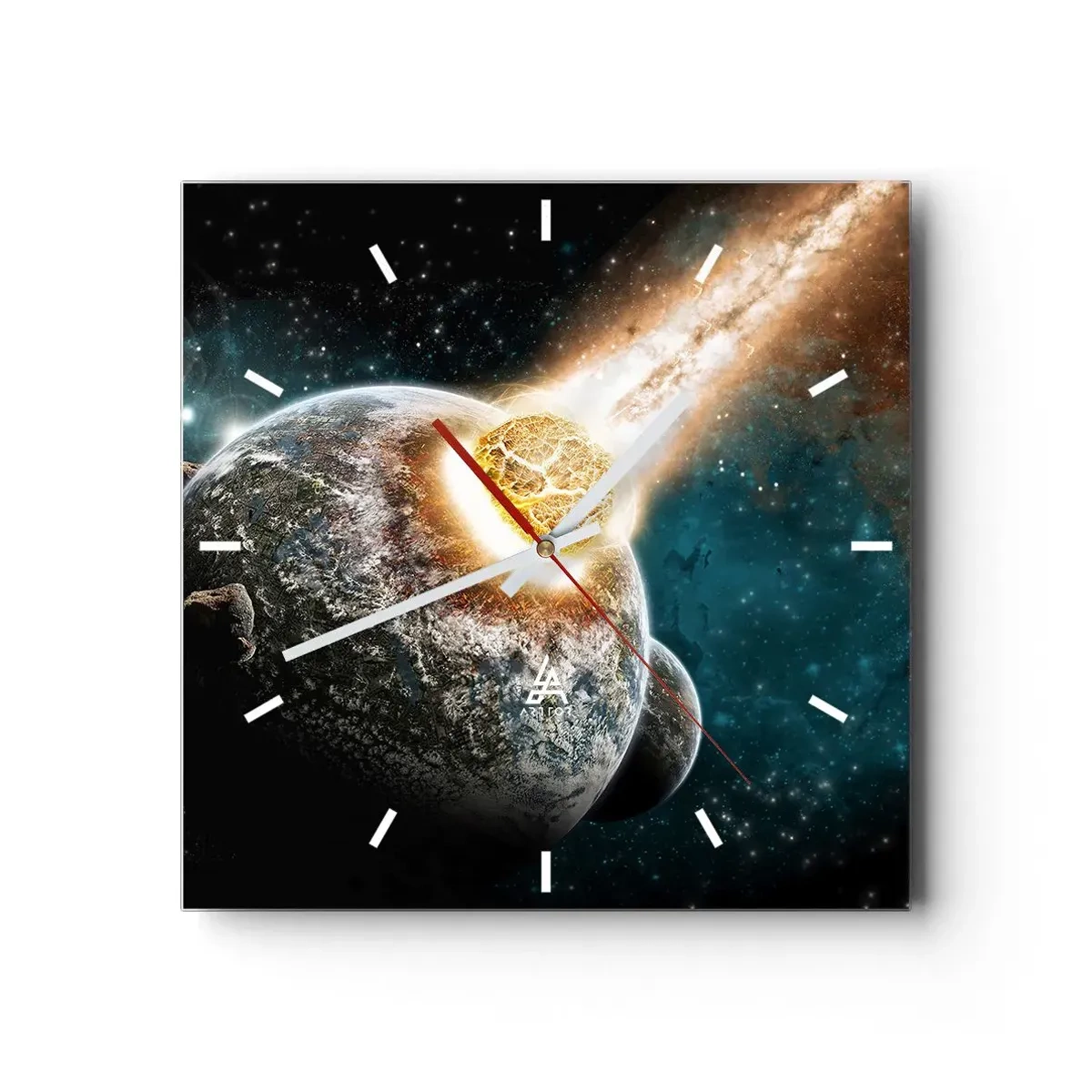 Reloj de pared - Reloj de vidrio - Colisión cósmica de un planeta con un asteroide en las proximidades de la galaxia. - 30x30cm - ¿Condena o nacimiento? - Decoración de pared moderna para salón y dormitorio ARTTOR
