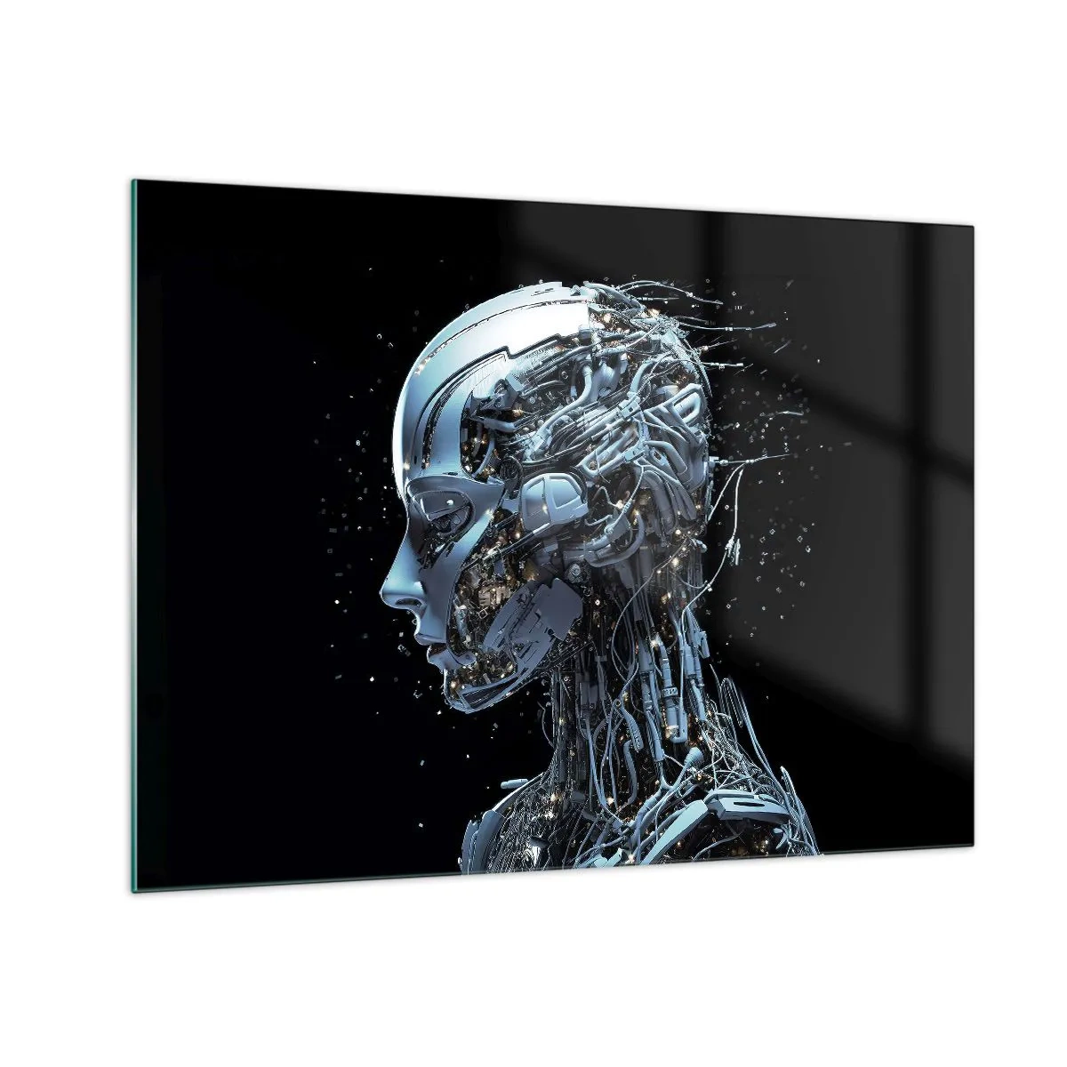 Cuadro sobre vidrio - Impresiones sobre Vidrio - Perfil de un robot femenino con cables y mecanismos. - 70x50cm - La tecnología es una mujer - Decoración de pared moderna para salón y dormitorio ARTTOR