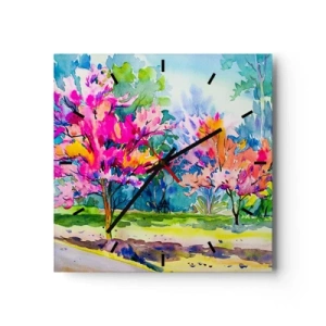 Reloj de pared - Reloj de vidrio - Árboles coloridos en un parque en estilo acuarela. - 30x30cm - Un jardín de arco iris en el esplendor de la primavera - Decoración de pared moderna para salón y dormitorio ARTTOR