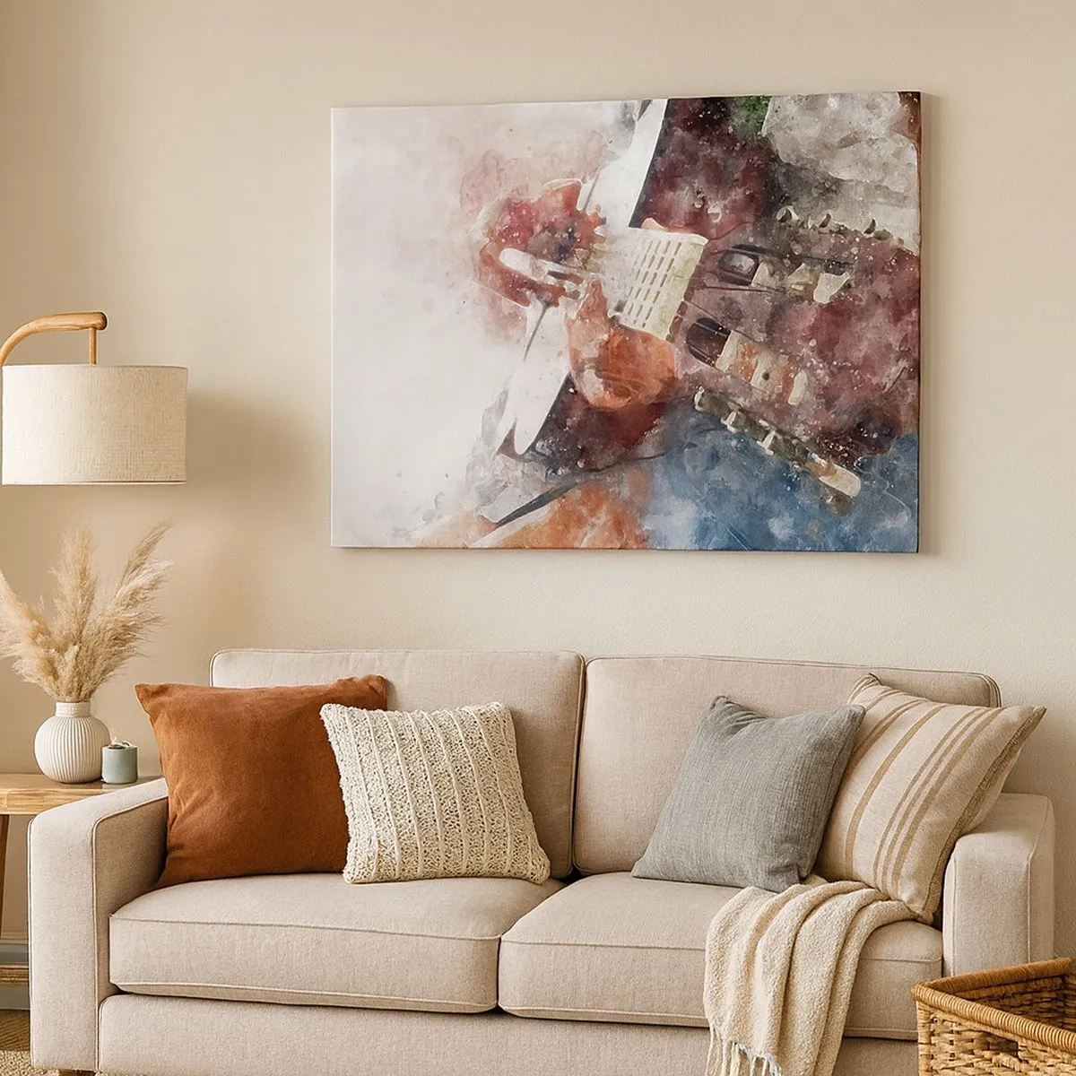 Cuadro sobre lienzo - Impresión de Imagen - Una interpretación artística de una guitarra en estilo acuarela. - 70x50cm - ¿Y qué opinas? - Decoración de pared moderna para salón y dormitorio ARTTOR