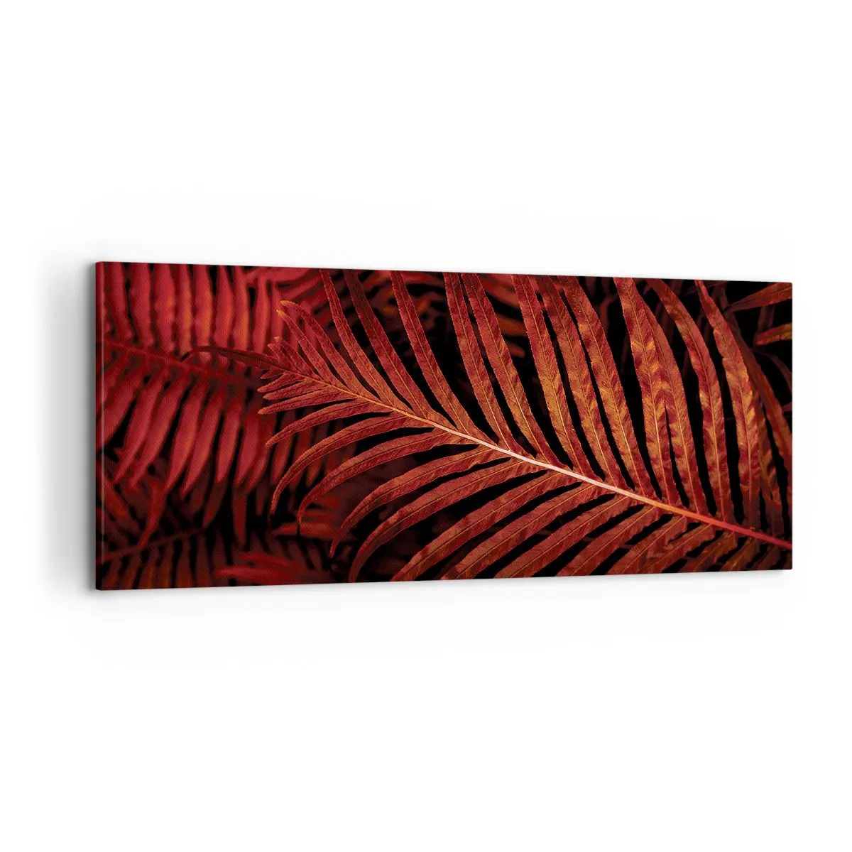 Cuadro sobre lienzo - Impresión de Imagen - Primer plano de hojas tropicales rojas - 120x50cm - Las brasas de la vida - Decoración de pared moderna para salón y dormitorio ARTTOR