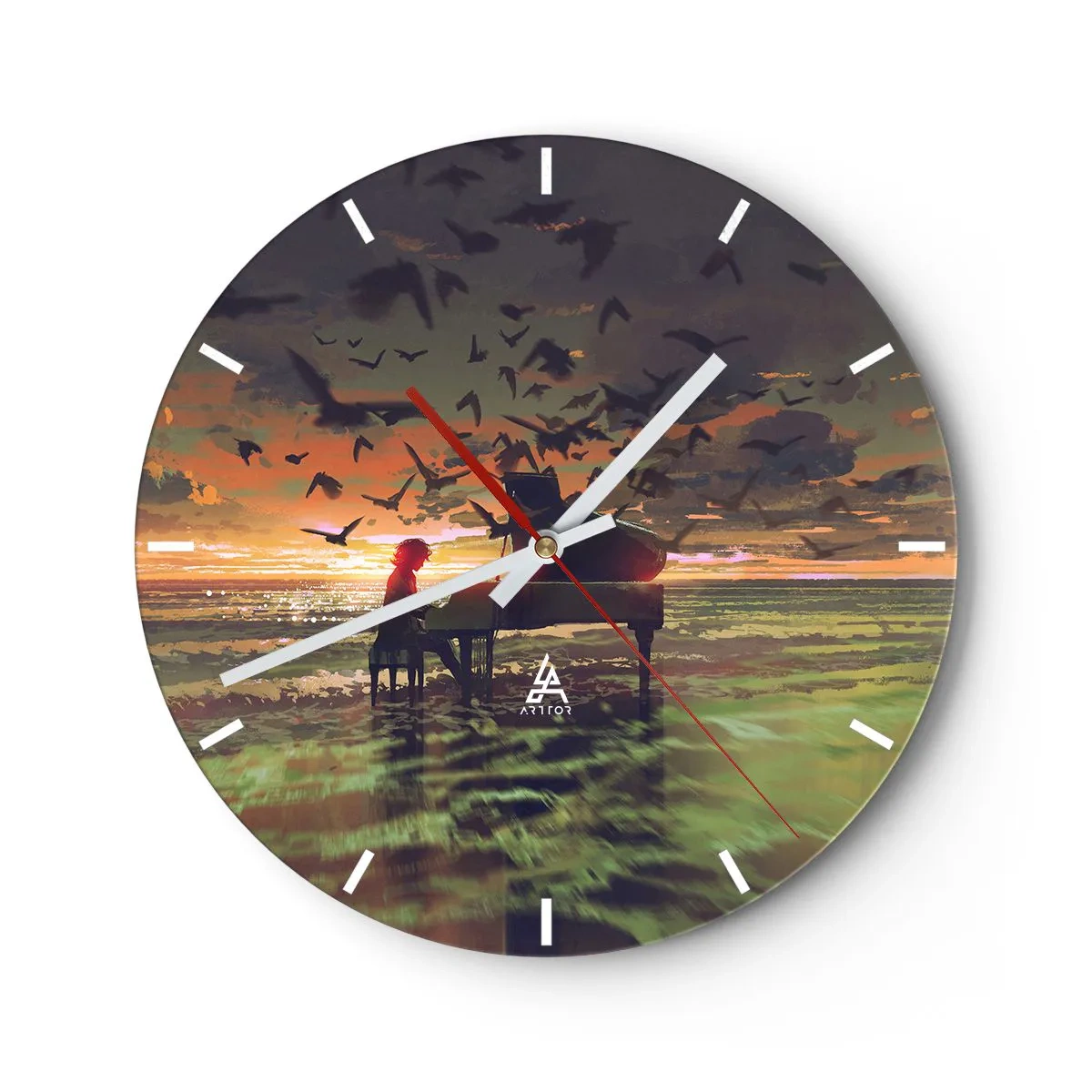 Reloj de pared - Reloj de vidrio - Concierto de piano y olas - 40x40 cm