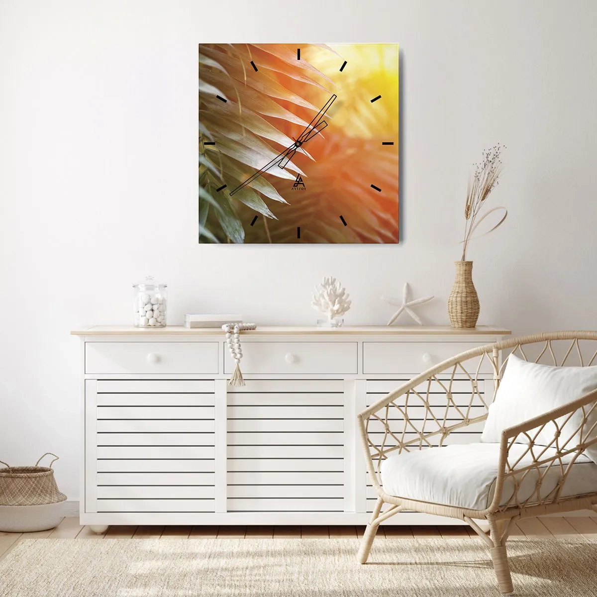 Reloj de pared - Reloj de vidrio - Hojas de palma en los rayos del atardecer. - 30x30cm - Mañana en la selva - Decoración de pared moderna para salón y dormitorio ARTTOR