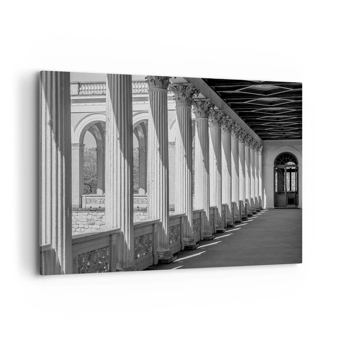Cuadro sobre lienzo - Impresión de Imagen - Columnata de estilo clásico en blanco y negro - 100x70cm - Galería soleada - Decoración de pared moderna para salón y dormitorio ARTTOR