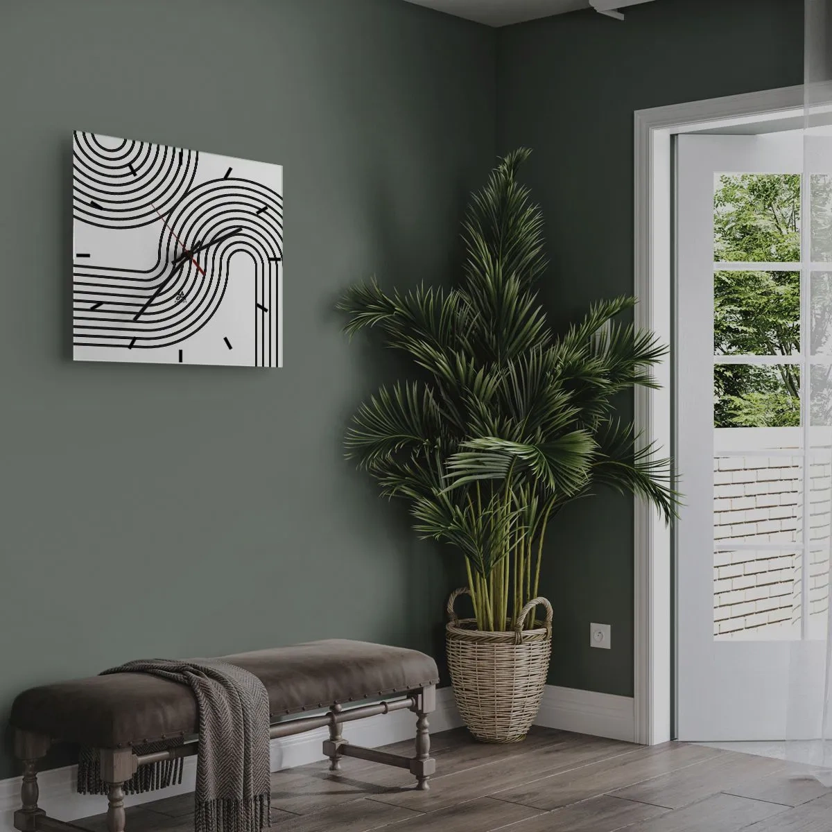 Reloj de pared - Reloj de vidrio - Una pintura abstracta con líneas negras que crean patrones geométricos sobre un fondo blanco. - 30x30cm - En una curva - Decoración de pared moderna para salón y dormitorio ARTTOR