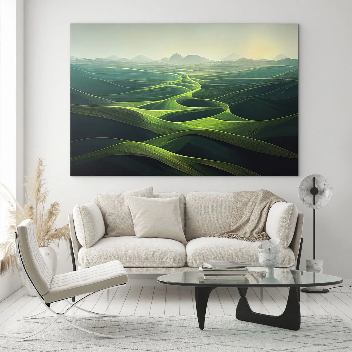 Cuadro sobre vidrio - Impresiones sobre Vidrio - Colinas y valles verdes iluminados por los rayos del sol. - 70x50cm - Valles en tonos verdes - Decoración de pared moderna para salón y dormitorio ARTTOR