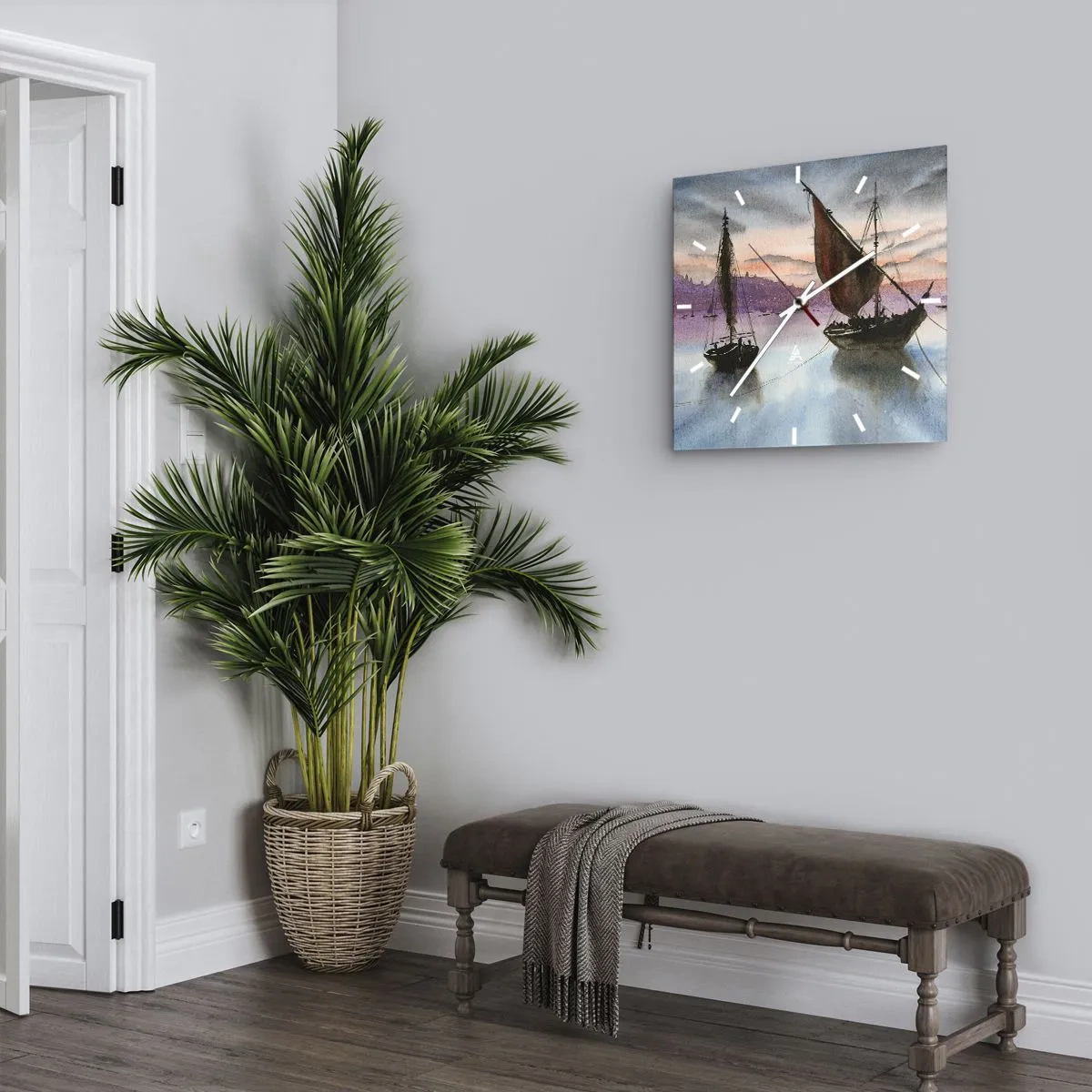 Reloj de pared - Reloj de vidrio - Dos veleros amarrados en aguas tranquilas al anochecer - 30x30cm - Atardecer en el puerto - Decoración de pared moderna para salón y dormitorio ARTTOR
