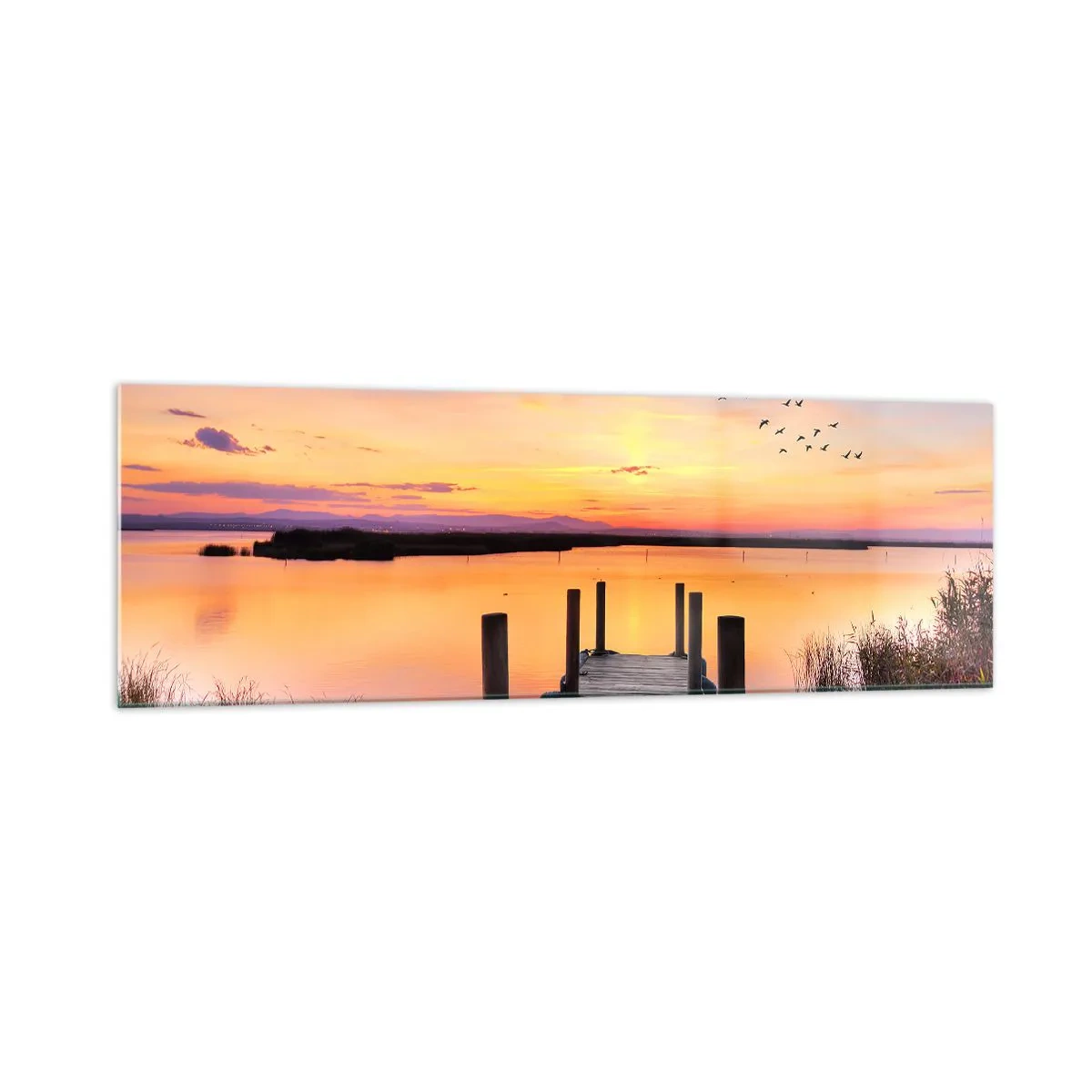 Cuadro sobre vidrio - Impresiones sobre Vidrio - Un muelle en un lago al atardecer con pájaros en el cielo. - 160x50cm - Violeta amanecer silencioso - Decoración de pared moderna para salón y dormitorio ARTTOR