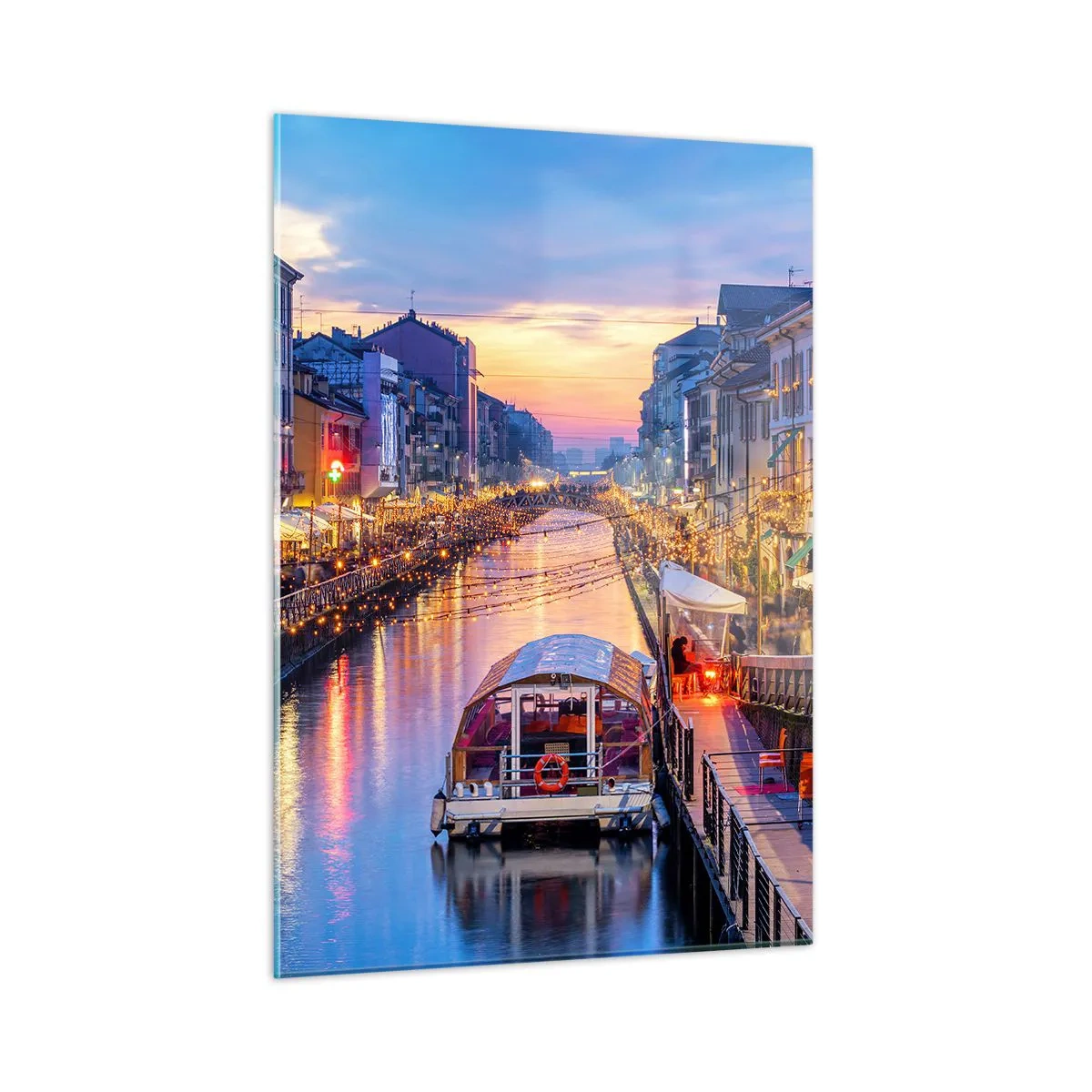 Cuadro sobre vidrio - Impresiones sobre Vidrio - Vista nocturna del canal iluminado con barcos y cafés. - 50x70cm - Una noche de luz y diversión - Decoración de pared moderna para salón y dormitorio ARTTOR