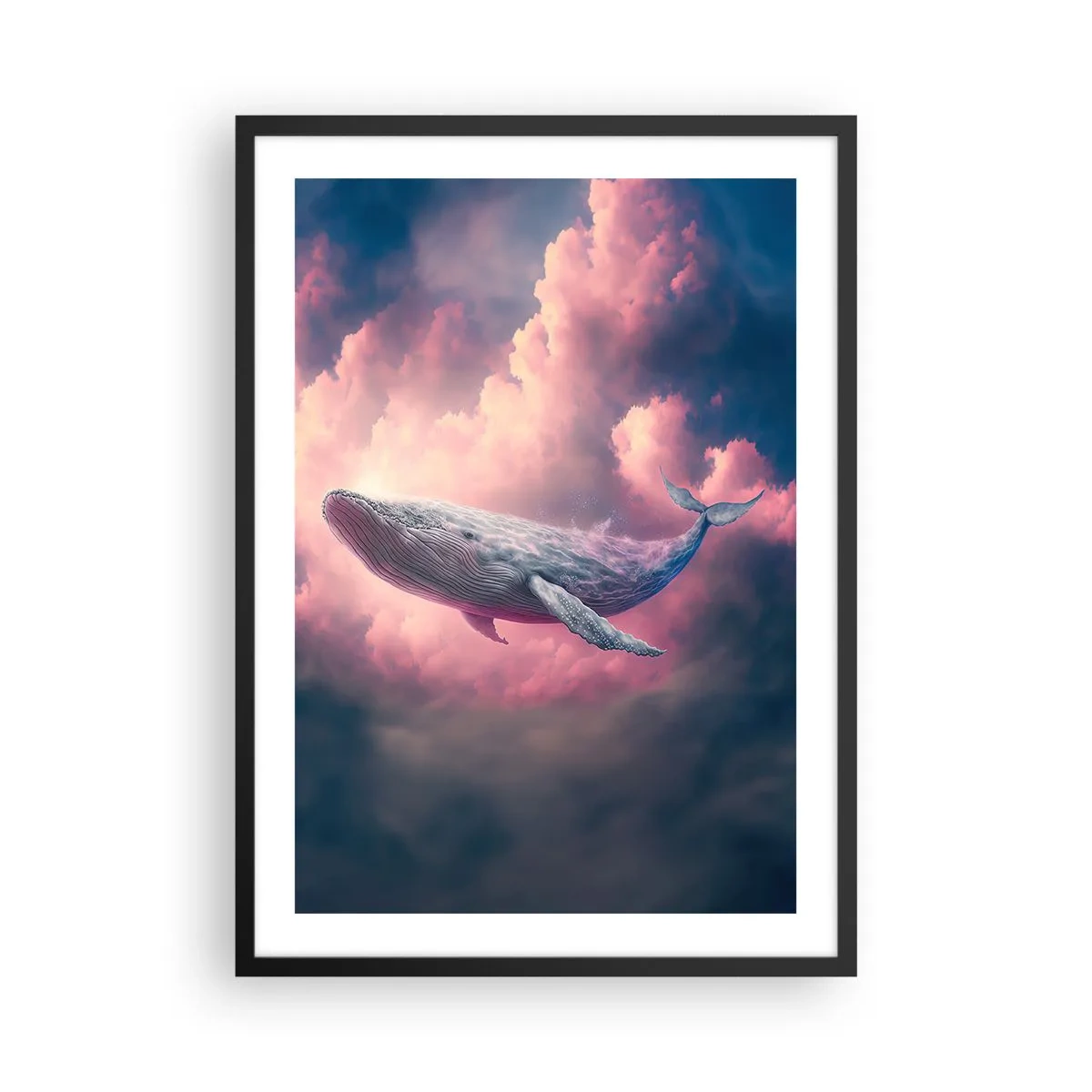 Póster en marco negro - Una ballena vuela entre nubes rosadas al atardecer. - 50x70cm - La reina de los mares asciende - Decoración de pared moderna para salón y dormitorio ARTTOR