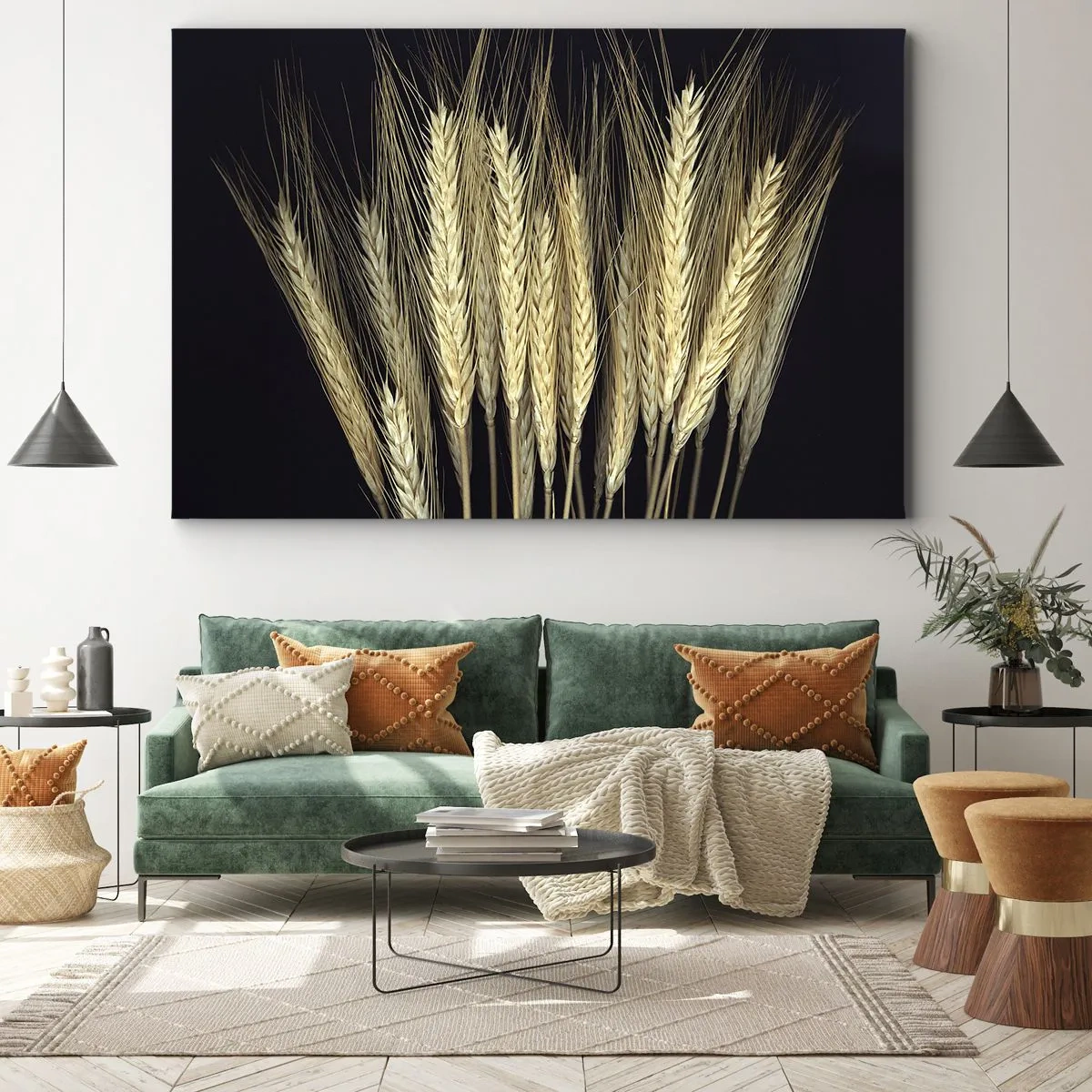 Cuadro sobre lienzo - Impresión de Imagen - Espigas de trigo sobre fondo negro en estilo rústico - 70x50cm - Magia rústica - Decoración de pared moderna para salón y dormitorio ARTTOR