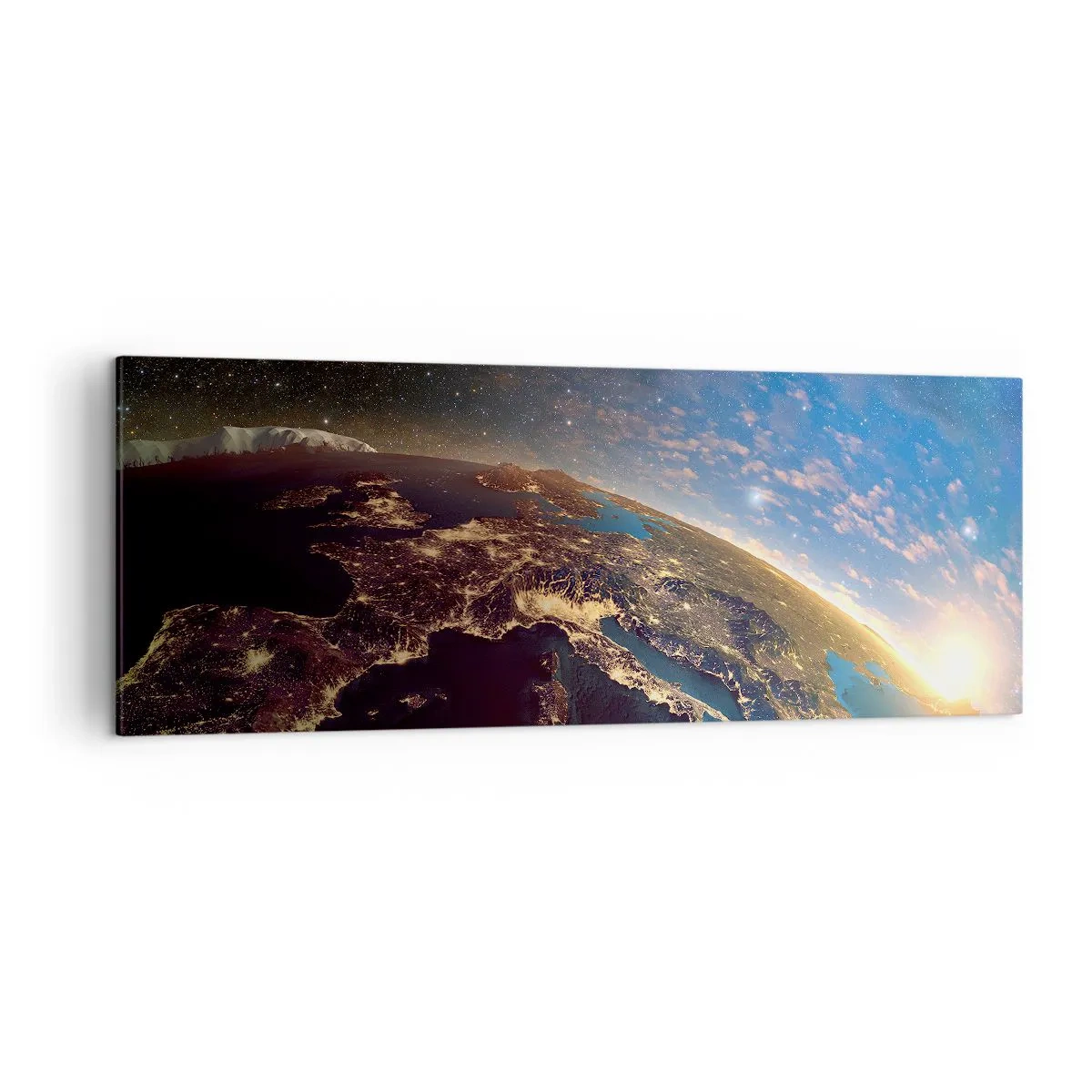 Cuadro sobre lienzo - Impresión de Imagen - Vista de la Tierra desde el espacio al amanecer - 140x50cm - Mirémonos a nosotros mismos desde la distancia - Decoración de pared moderna para salón y dormitorio ARTTOR