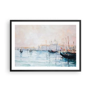 Póster en marco negro - Vista pintoresca de los canales con barcos de colores pastel. - 70x50cm - Más allá del agua, más allá de la niebla - Decoración de pared moderna para salón y dormitorio ARTTOR