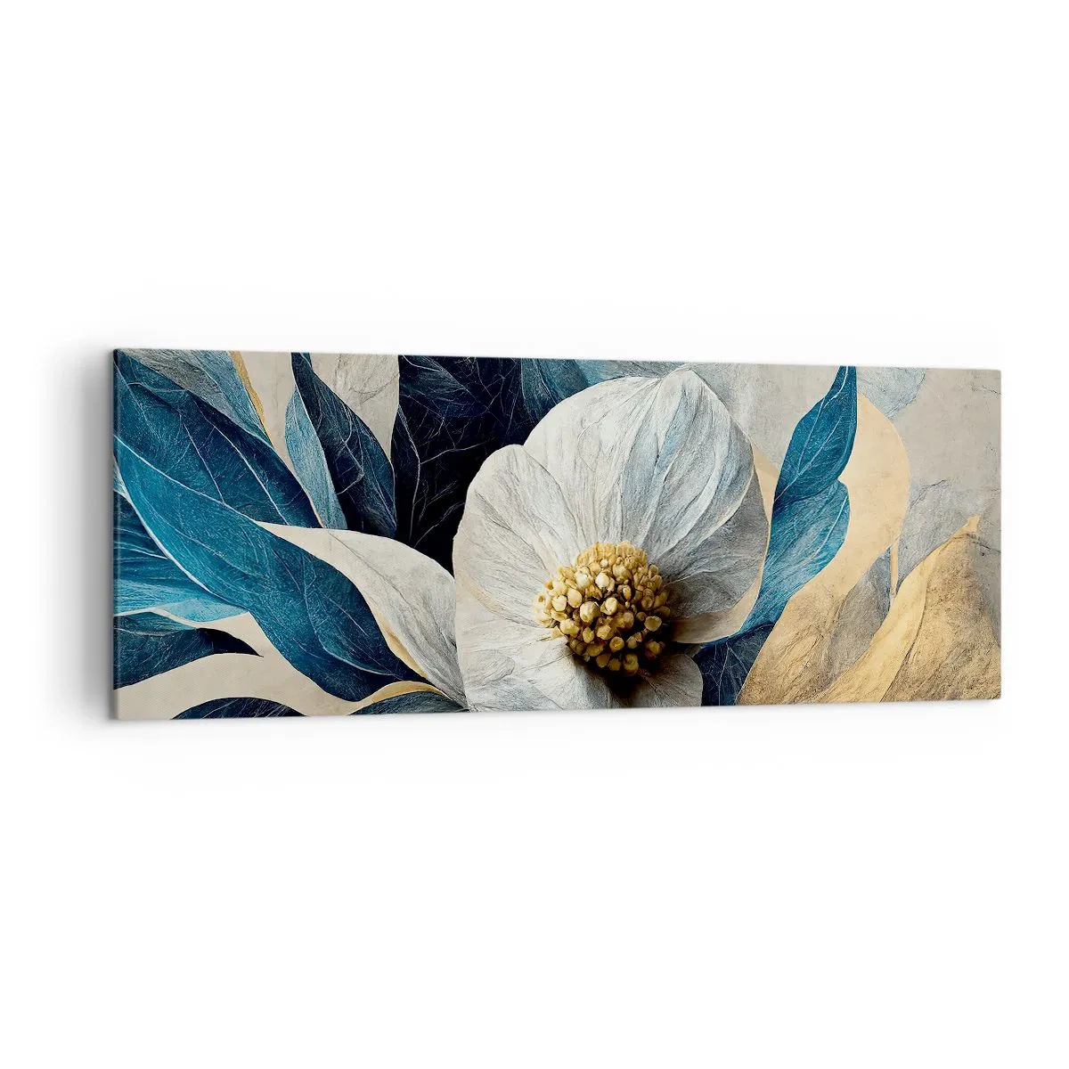 Cuadro sobre lienzo - Impresión de Imagen - Una flor con hojas azules sobre un fondo elegante. - 140x50cm - Con un corazón de oro - Decoración de pared moderna para salón y dormitorio ARTTOR