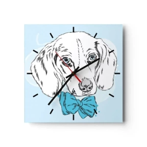 Reloj de pared - Reloj de vidrio - Adorable gráfico de un perro con una pajarita sobre un fondo pastel. - 30x30cm - Elegancia canina - Decoración de pared moderna para salón y dormitorio ARTTOR