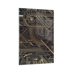 Cuadro sobre vidrio - Impresiones sobre Vidrio - Patrones geométricos dorados sobre fondo negro en estilo Art Déco - 70x100cm - Conceptos, ideas, planes - Decoración de pared moderna para salón y dormitorio ARTTOR