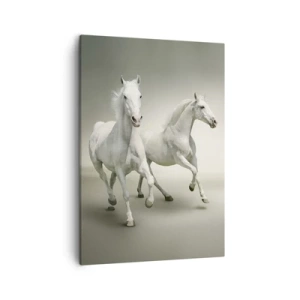 Cuadro sobre lienzo - Impresión de Imagen - Dos caballos blancos galopando sobre un fondo claro - 50x70cm - ¡Poder blanco! - Decoración de pared moderna para salón y dormitorio ARTTOR