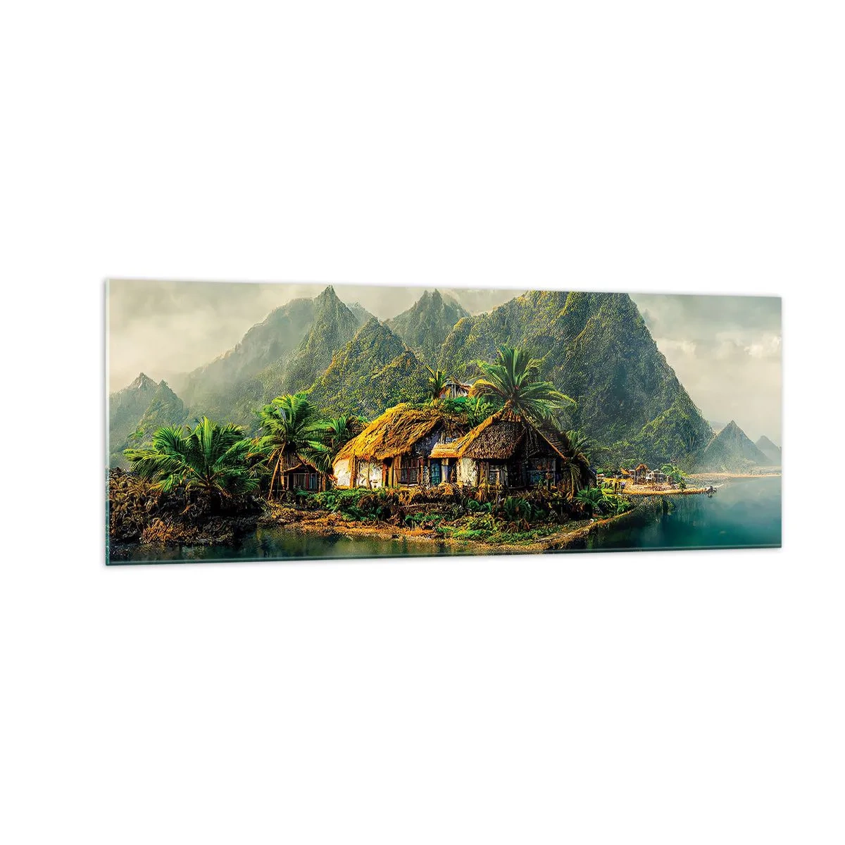 Cuadro sobre vidrio - Impresiones sobre Vidrio - Una isla tropical con palmeras y montañas al fondo. - 140x50cm - Paraíso tropical - Decoración de pared moderna para salón y dormitorio ARTTOR