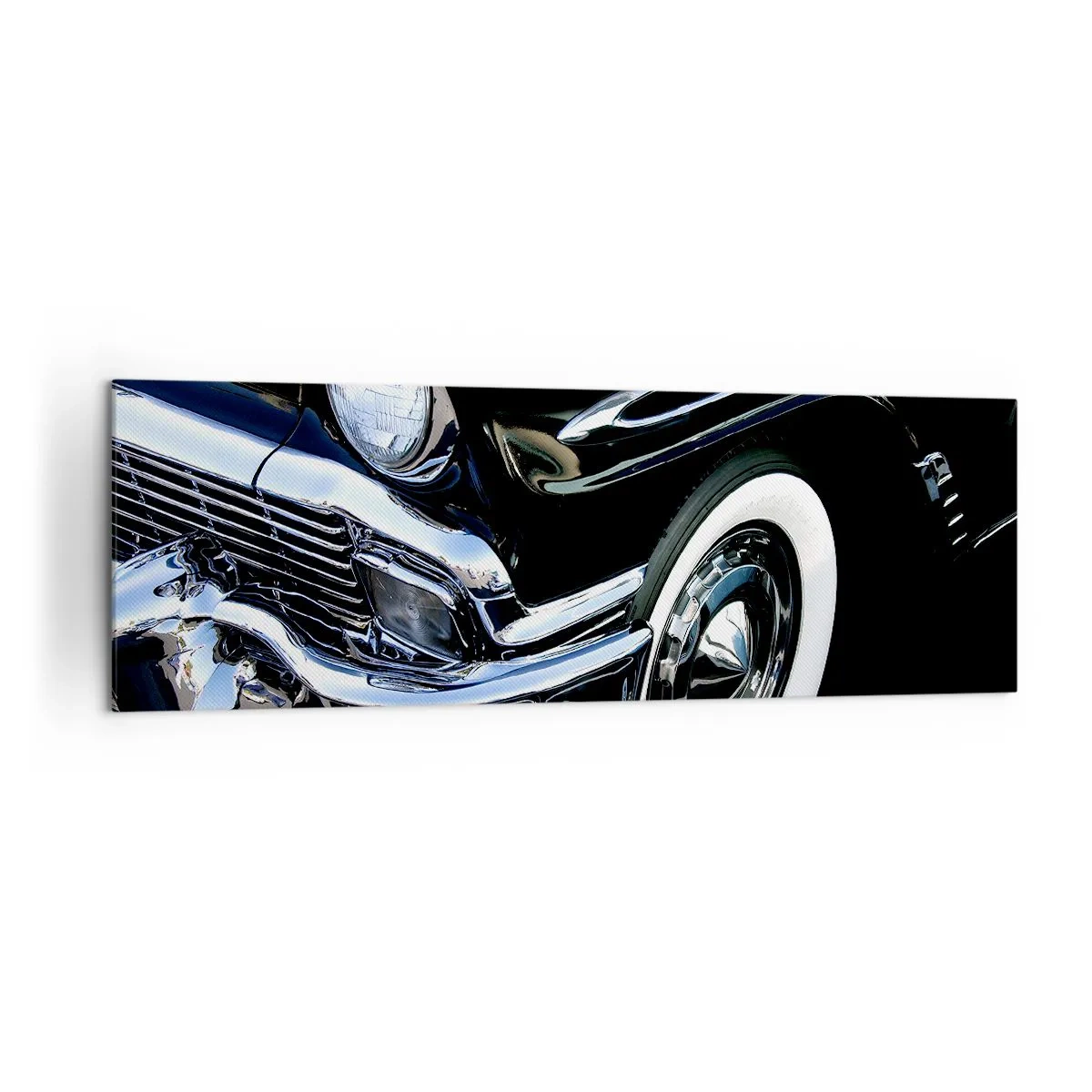 Cuadro sobre lienzo - Impresión de Imagen - Primer plano del faro y el guardabarros de un coche clásico negro - 160x50cm - Clásicos en plata, negro y blanco - Decoración de pared moderna para salón y dormitorio ARTTOR