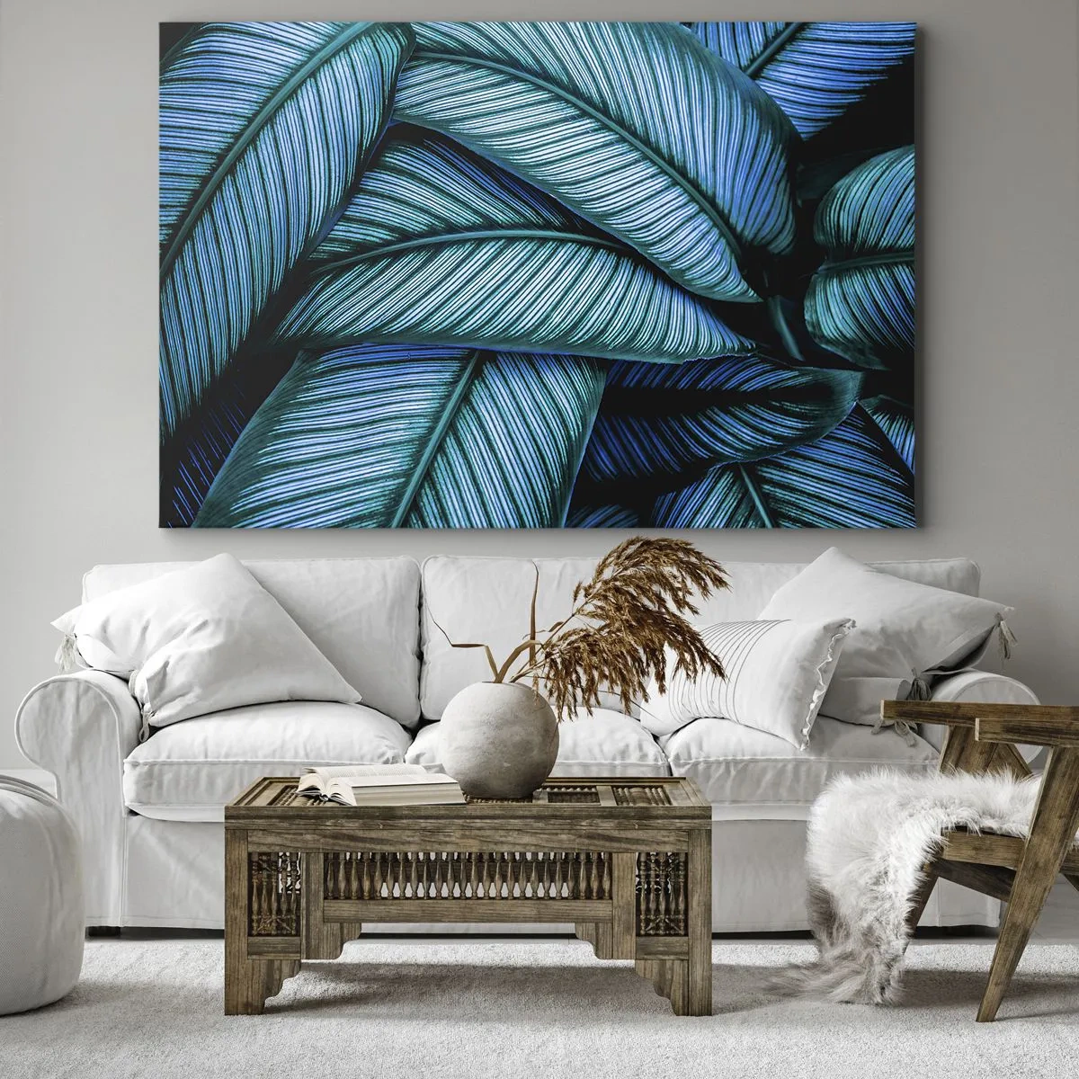 Cuadro sobre lienzo - Impresión de Imagen - Una toma de primer plano de hojas turquesas con vívidos detalles. - 70x50cm - Líneas de vida - Decoración de pared moderna para salón y dormitorio ARTTOR