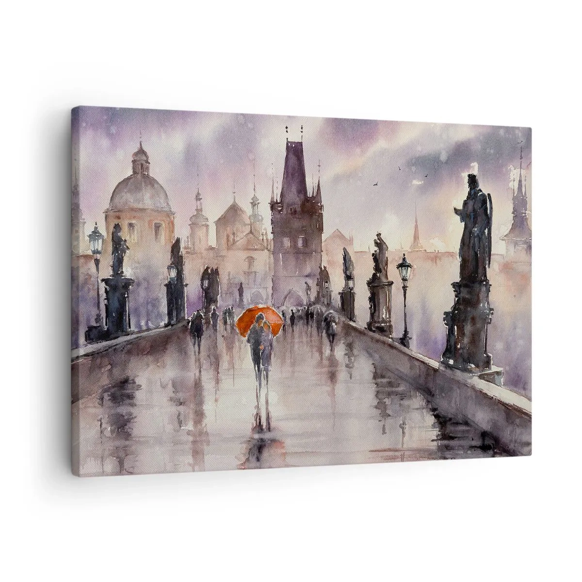 Cuadro sobre lienzo - Impresión de Imagen - Vista romántica de un puente con un paraguas con el telón de fondo de una ciudad al atardecer. - 70x50cm - La gente no cambia - Decoración de pared moderna para salón y dormitorio ARTTOR