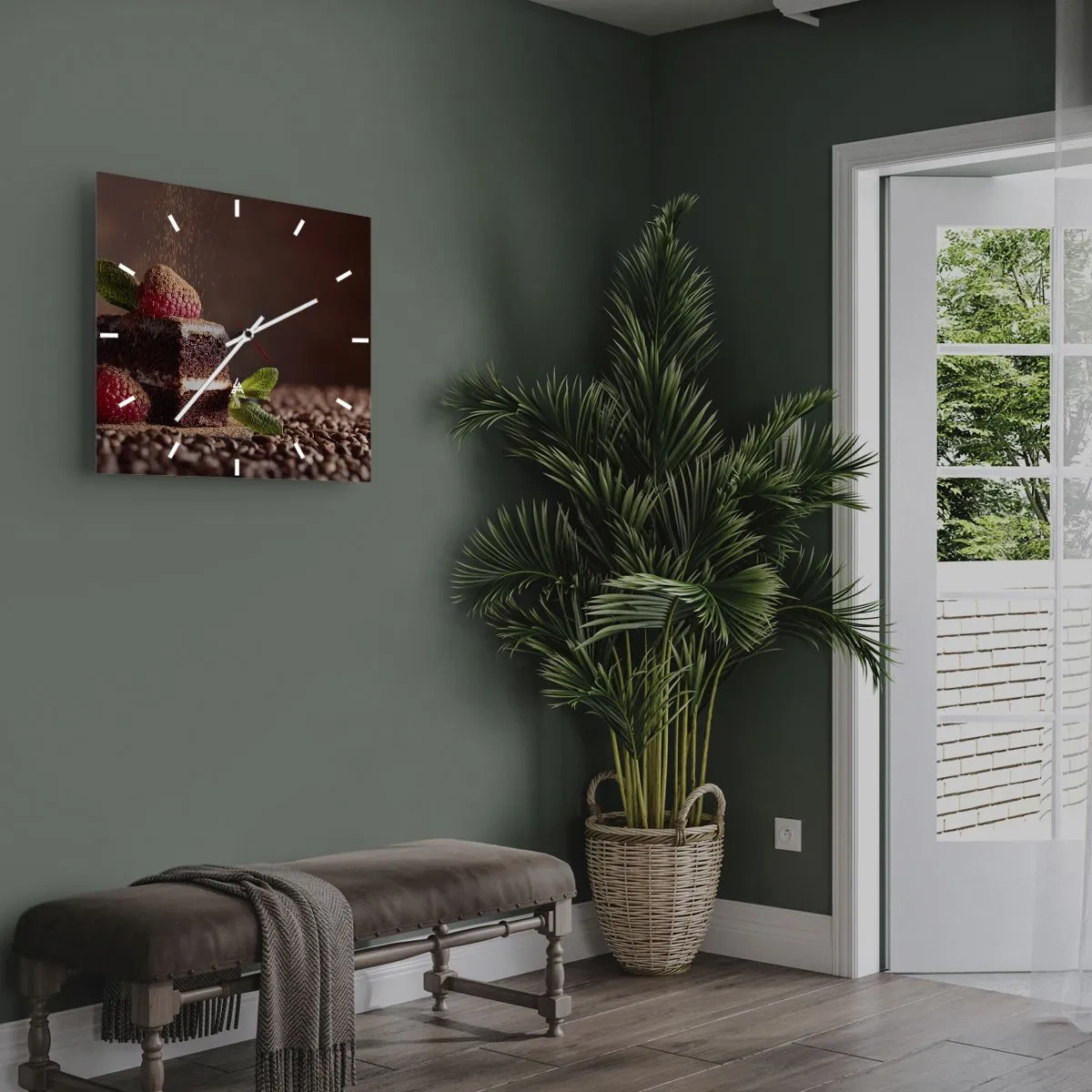 Reloj de pared - Reloj de vidrio - Pastel de chocolate con frambuesas y menta sobre un fondo de granos de cacao. - 30x30cm - La vida es dulce - Decoración de pared moderna para salón y dormitorio ARTTOR