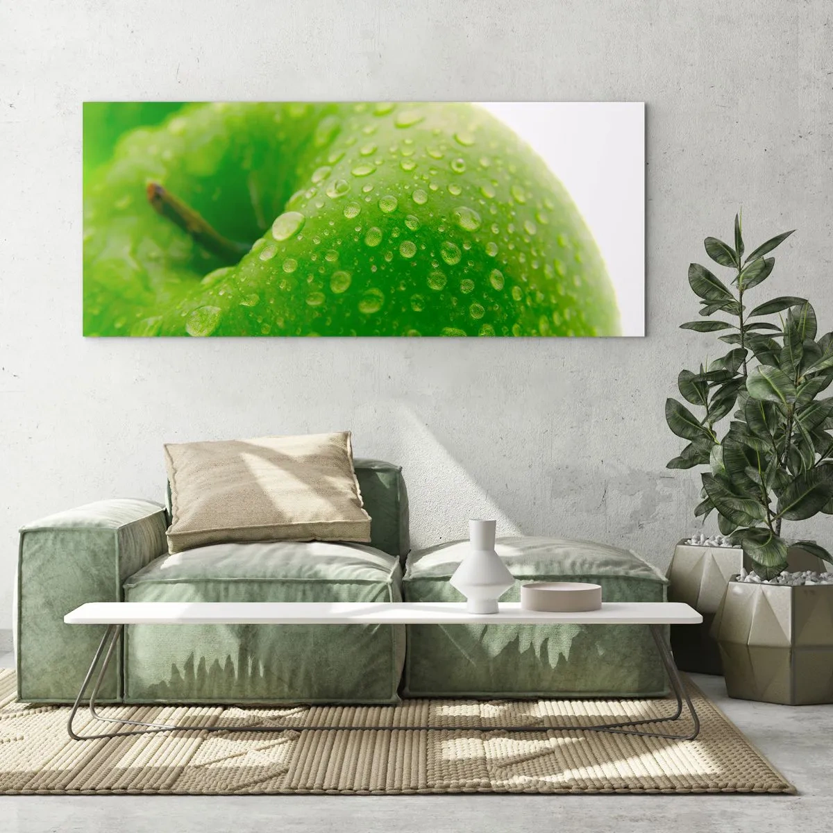 Cuadro sobre vidrio - Impresiones sobre Vidrio - Primer plano de una manzana verde con gotas de agua. - 120x50cm - Frescor verde - Decoración de pared moderna para salón y dormitorio ARTTOR