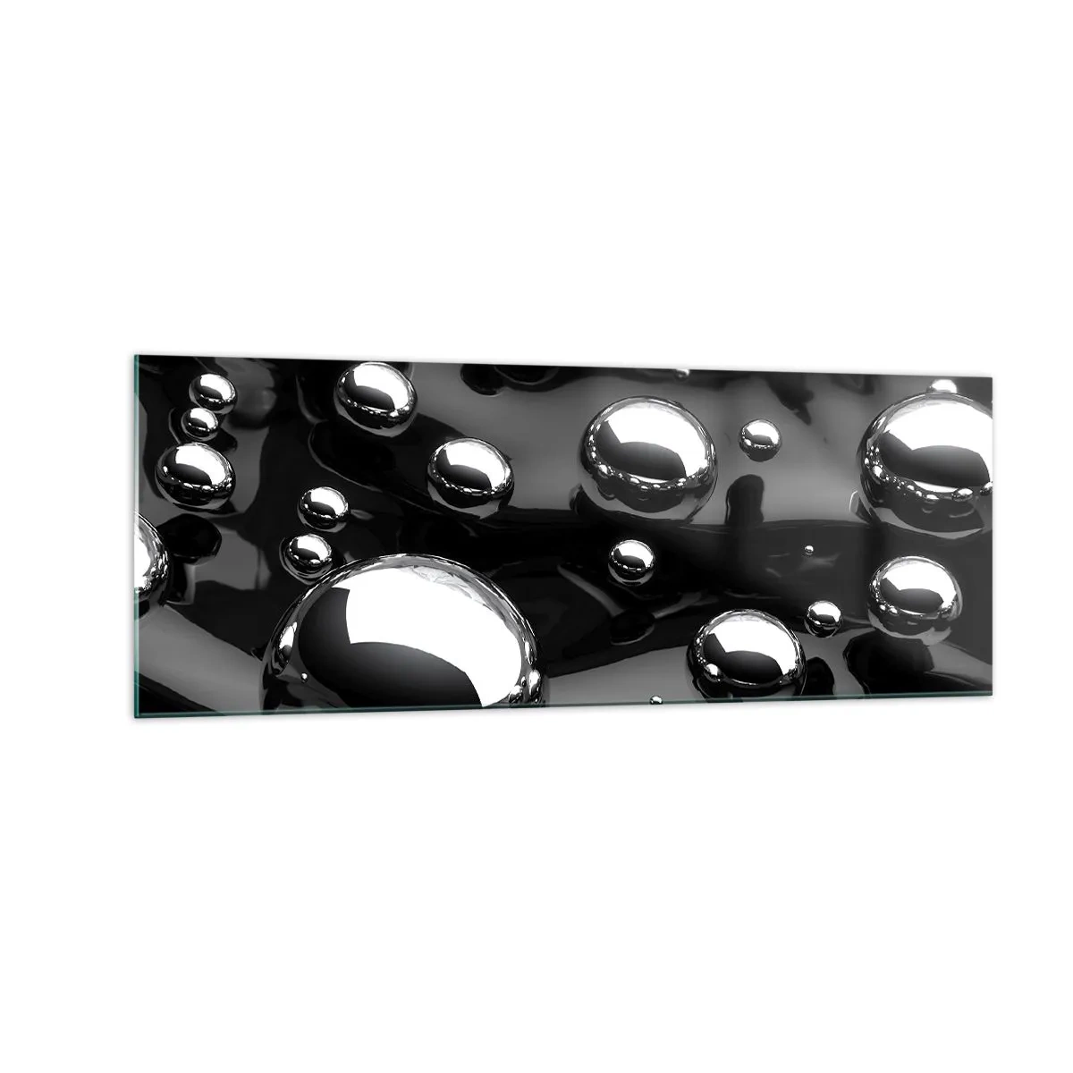Cuadro sobre vidrio - Impresiones sobre Vidrio - Gotas abstractas sobre una superficie negra - 140x50cm - De las negras profundidades - Decoración de pared moderna para salón y dormitorio ARTTOR