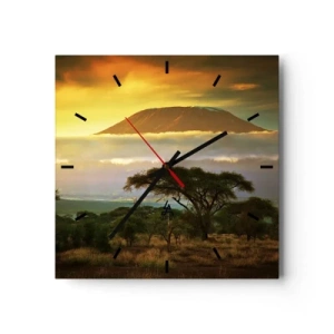 Reloj de pared - Reloj de vidrio - Paisaje africano con el Kilimanjaro al amanecer - 30x30cm - El sueño del viajero - Decoración de pared moderna para salón y dormitorio ARTTOR
