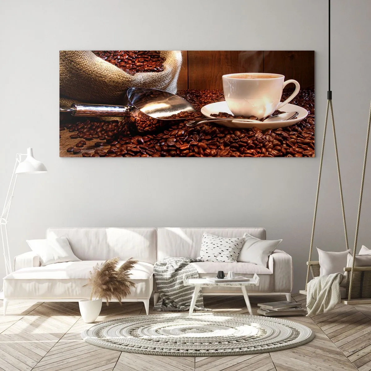 Cuadro sobre vidrio - Impresiones sobre Vidrio - Una taza de café con granos de café y una bolsa de granos al fondo. - 120x50cm - ¿Hueles eso? - Decoración de pared moderna para salón y dormitorio ARTTOR