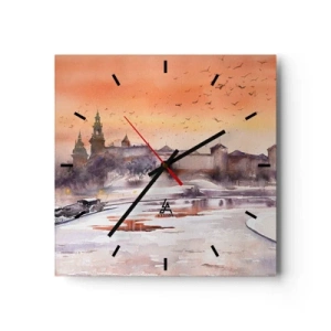 Reloj de pared - Reloj de vidrio - Puesta de sol sobre el castillo en un paisaje invernal - 30x30cm - Atardecer real - Decoración de pared moderna para salón y dormitorio ARTTOR