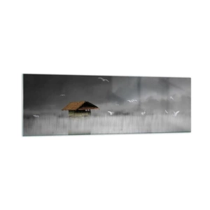 Cuadro sobre vidrio - Impresiones sobre Vidrio - Una cabaña solitaria sobre el agua rodeada de niebla y pájaros. - 160x50cm - Resguardo de la lluvia - Decoración de pared moderna para salón y dormitorio ARTTOR