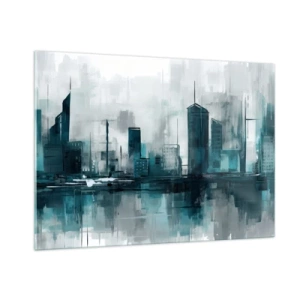 Cuadro sobre vidrio - Impresiones sobre Vidrio - Una ciudad moderna en tonos azules y grises - 100x70cm - Ciudad color lluvia - Decoración de pared moderna para salón y dormitorio ARTTOR