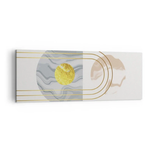 Cuadro sobre lienzo - Impresión de Imagen - Composición abstracta con círculos y líneas doradas sobre fondo claro. - 140x50cm - Brillo y resplandor - Decoración de pared moderna para salón y dormitorio ARTTOR