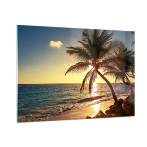 Cuadro sobre vidrio - Impresiones sobre Vidrio - Playa tropical con palmeras a la luz del sol poniente. - 100x70cm - Verano bajo las palmeras - Decoración de pared moderna para salón y dormitorio ARTTOR