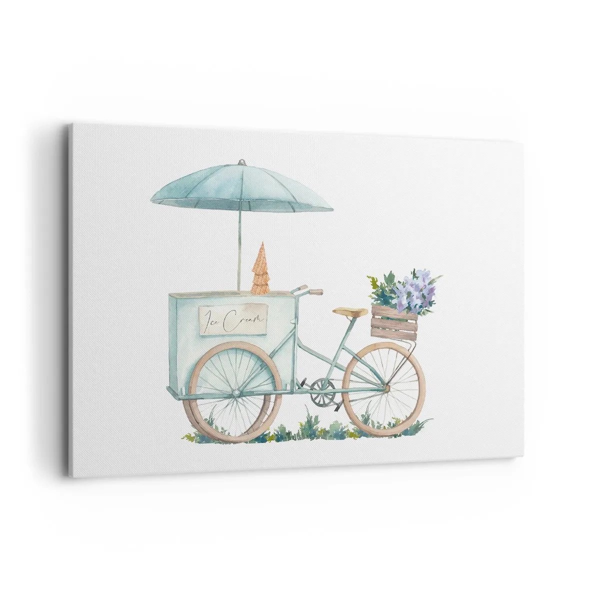 Cuadro sobre lienzo - Impresión de Imagen - Una bicicleta con helado y flores bajo una sombrilla en delicados colores pastel. - 120x80cm - Dulce recuerdo del verano - Decoración de pared moderna para salón y dormitorio ARTTOR