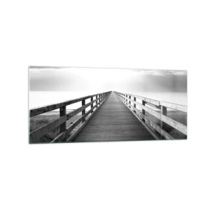 Cuadro sobre vidrio - Impresiones sobre Vidrio - Una imagen en blanco y negro de un embarcadero de madera que conduce hacia el horizonte. - 120x50cm - En la distancia... - Decoración de pared moderna para salón y dormitorio ARTTOR